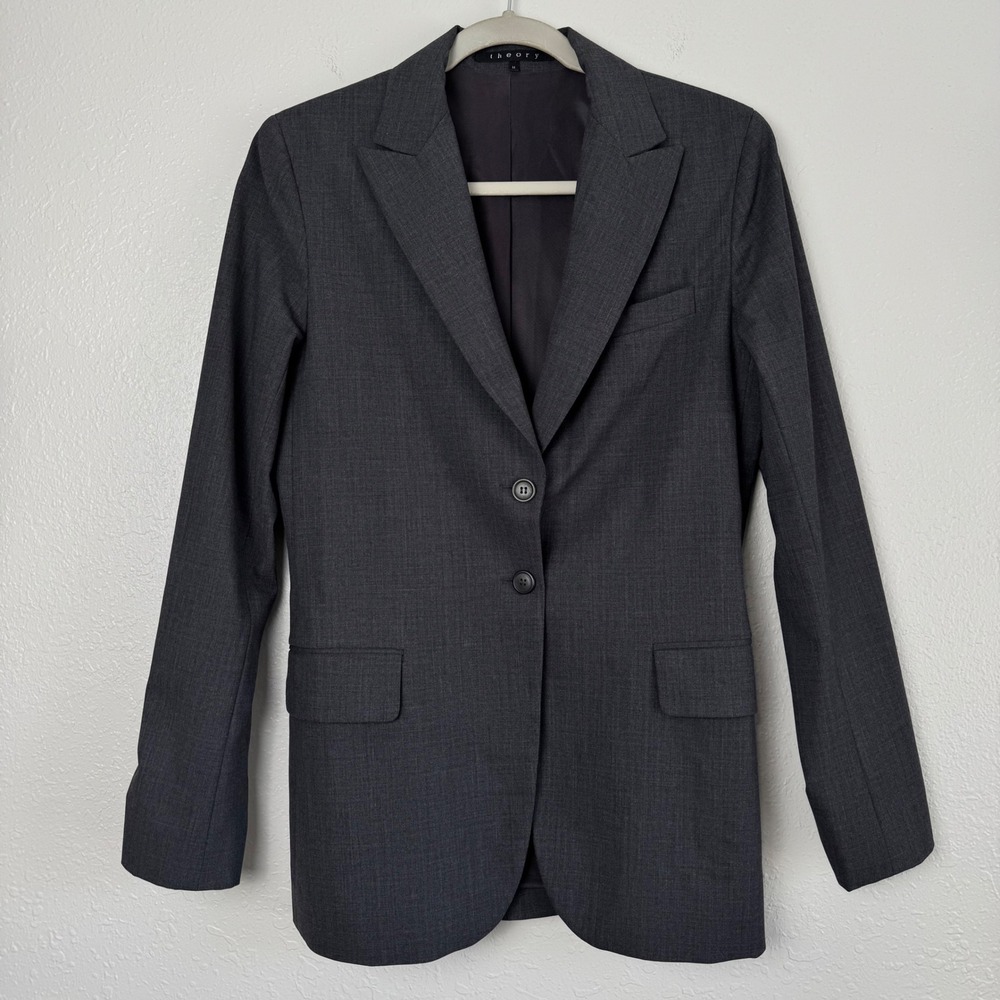 Theory heathered Charcoal Gray stretch Wool 2 Button Blazer Jacket m